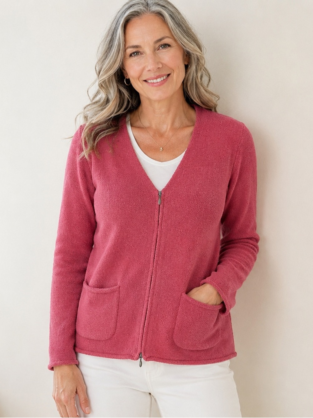 J. Jill Pink Full Zip Knit Cardigan Sweater XS Cozy V-Neck Pockets Soft Textured